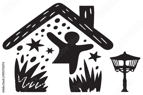 A simple black and white illustration of a house with a chimney and plants