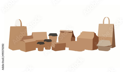 Realistic kraft takeaway packaging vector collection eco paper bags boxes isolated on white