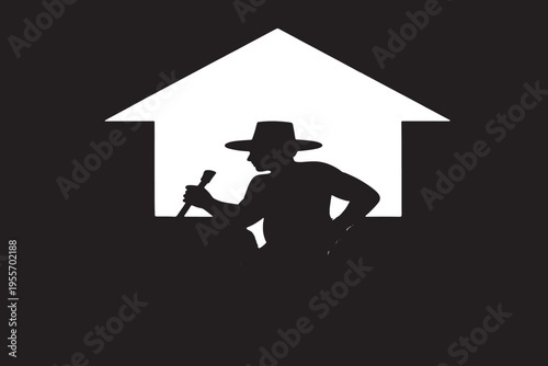 A simple black and white illustration of a house with a chimney and plants