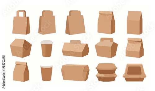 Brown kraft takeaway packaging vector set paper bags boxes and cups isolated on white background