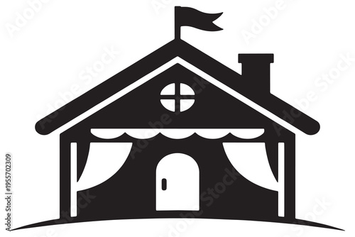 A simple black and white illustration of a house with a chimney and plants