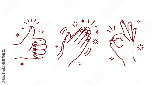 Minimalist red line art hands celebrating with thumbs up clapping and ok gesture