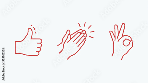 Stylish red line art hand reactions with thumbs up clap and ok gestures on white background for feedback and approval