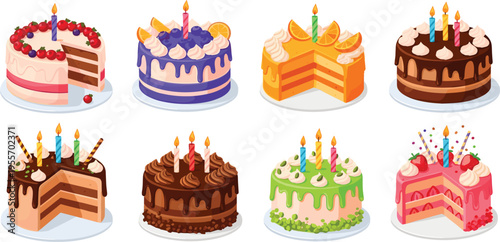 Birthday Cake Vector Set with Colorful Layered Desserts, Chocolate, Fruit, Cream, and Candles for Celebration Design, Party Invitations, and Bakery Graphics