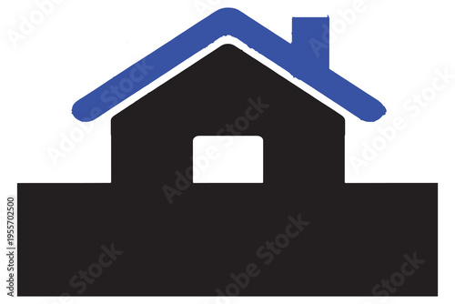 A simple black and white illustration of a house with a chimney and plants