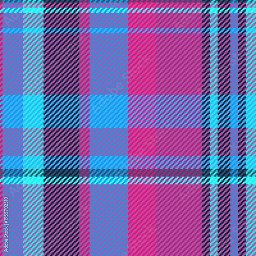 This vibrant pink and cyan plaid pattern offers a modern twist on classic tartan. Perfect for textile design, fashion backgrounds, and digital wallpapers with its bold, woven aesthetic.