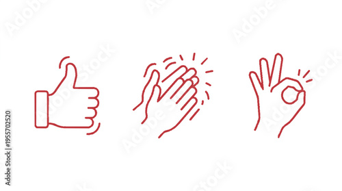 Stylish red line art hand reactions with thumbs up clap and ok gestures on white background