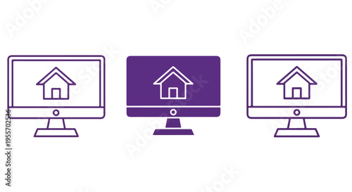 Three computer monitors displaying a house icon on their screens in purple outline on white and purple backgrounds.