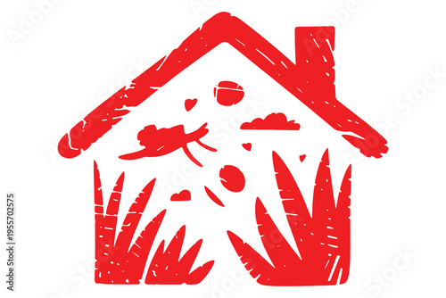 A simple black and white illustration of a house with a chimney and plants