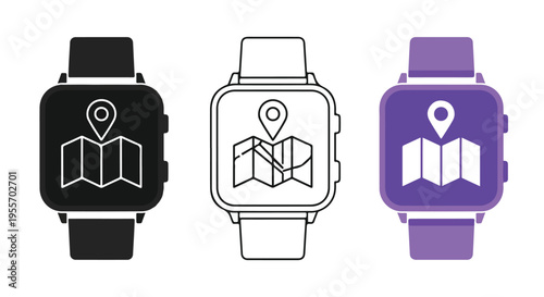 Three smartwatch icons with map and location symbols in black, white, and purple on a plain white background.