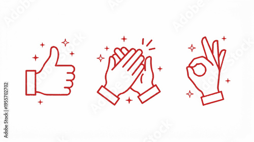 Minimal red line icons of thumbs up clapping hands and ok gesture with sparkles on white background