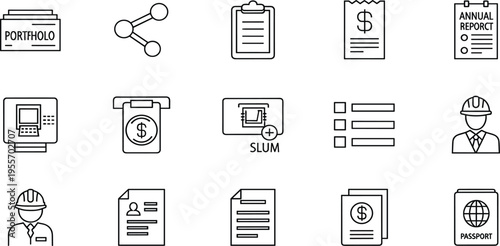 Business and Finance Line Icon Vector Set Featuring Documents, Reports, Portfolio, Payment, Checklist, and Professional Symbols for Corporate, Office, and Accounting Design