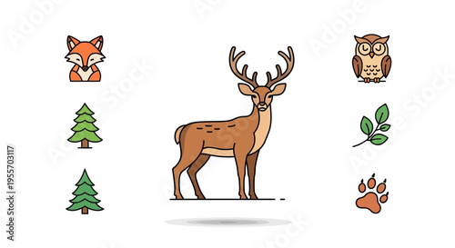 Deer with large antlers standing still.