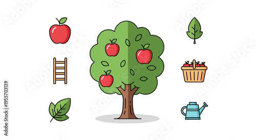 Colorful cartoon apple tree illustration.