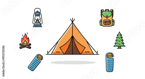 Colorful tent and camping gear illustration.