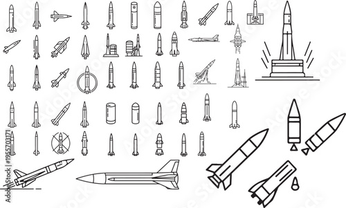 Vector illustration missile and rocket icons various types and purposes isolated
