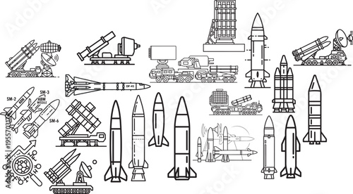 Collection vector illustration of various missile and rocket systems modern and old