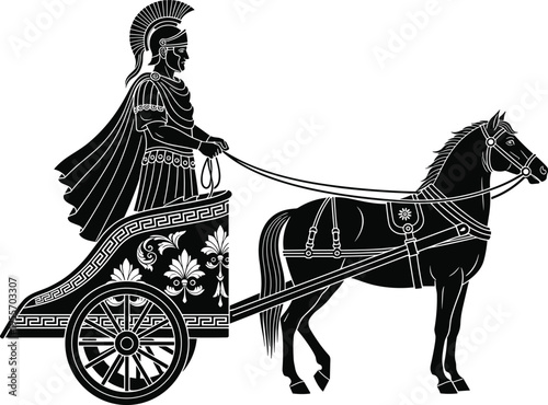 Ancient Greek warrior in chariot with horse