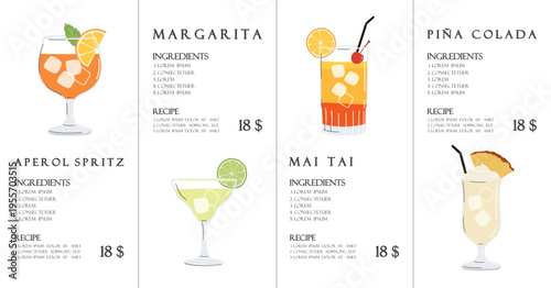 Summer cocktails set. Alcoholic drinks in different glasses. Cocktail menu illustration, stickers