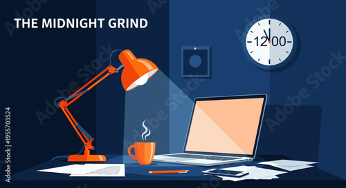 flat illustration of office desk with communication icons, lamp, coffee, phone, and n