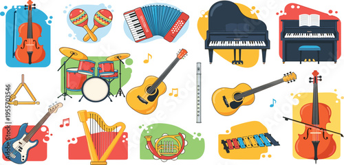 Colorful Musical Instruments Vector Set Featuring Guitar, Piano, Violin, Drum Kit, Harp, Xylophone, and Maracas for Music Education and Creative Design Projects