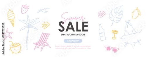 Hand draw summer collection. Palm, ice cream, sea. Crayon drawing style, Italian la dolce vita card