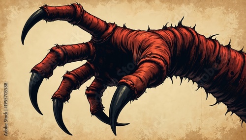 Red monster hand with sharp black claws reaching forward. Spiked appendage appears in antique woodcut illustration style. Terrifying creature digit attack concept.