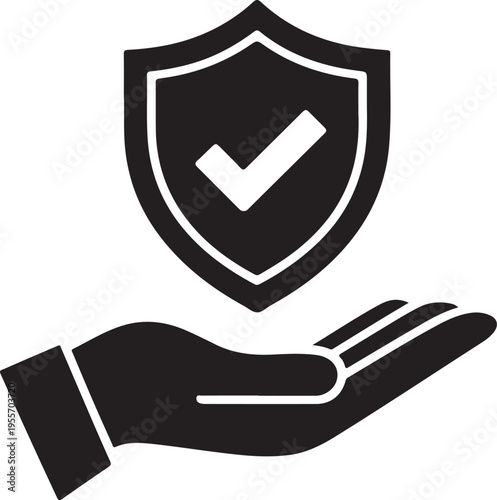 Hand holding up a shield with a checkmark symbol indicating protection and security services