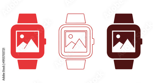 Three smartwatch icons in red, white, and dark brown, each displaying a mountain landscape on their screens, against a clean white background.