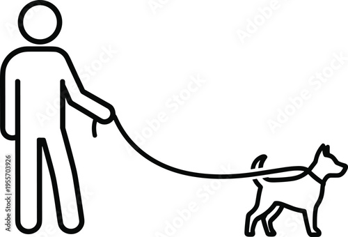 Simple line icon of person walking dog on leash, minimal outline symbol for pet care and daily activity concept