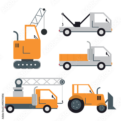 Construction vehicles set, industrial trucks and heavy equipment flat vector icons. Flat illustration of heavy machinery for building and industrial design.