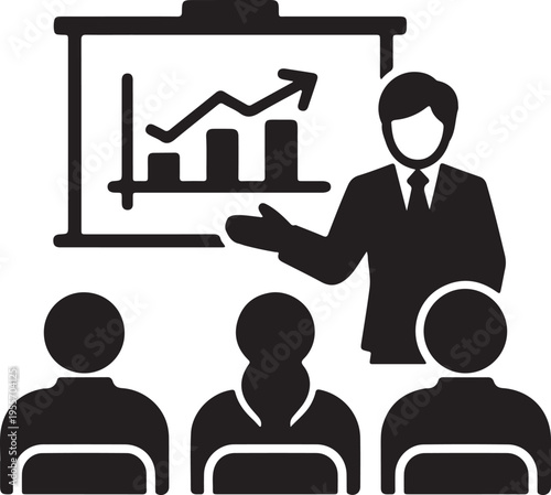 Male business trainer conducting a presentation with charts and graphs to attentive audience