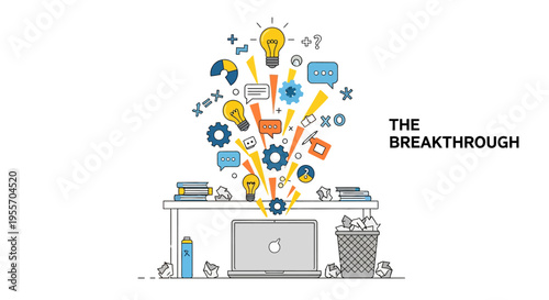 creative office workspace with laptop and brainstorming design elements