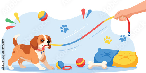 Playful puppy pulling colorful leash, pet training and toys scene, cute dog behavior concept flat vector illustration