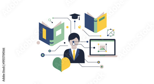 Skill Development, E-Learning, and Knowledge Network Concept. Flat vector illustration of a professional acquiring education via technology and mentorship.