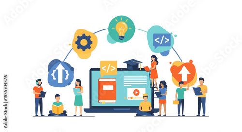 Online Education and Digital Skill Development Concept. Students Learning Web Development, Coding, and Programming via E-Learning Platform.