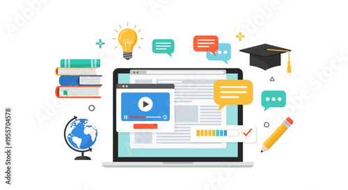 Online Education and E-learning Concept Illustration. Digital learning platform showing video tutorials, knowledge transfer, and graduation success.