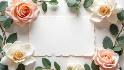 Soft peach and cream roses with green eucalyptus leaves frame blank textured paper. Elegant border for wedding invitations event announcements cards.