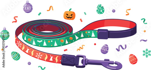 Festive holiday dog leash with Christmas and Halloween patterns, colorful pet accessory design, seasonal flat vector illustration