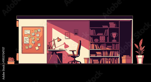 illustration of home office workspace with desk, chair, computer, bookshelf and bulle