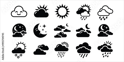 Weather icons set with various cloud and sun symbols