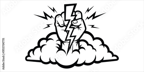 Electric hand emerging from clouds with lightning bolt