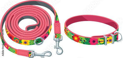 Floral patterned dog leash and collar set with metal clasp, colorful pet accessory design, flat vector illustration isolated
