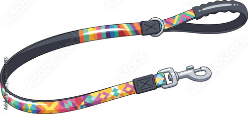 Colorful patterned dog leash with metal clasp and handle, modern pet accessory design, flat vector illustration isolated on background