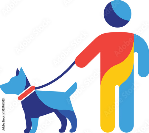 Abstract colorful person walking dog on leash, modern geometric pet companion illustration, minimal flat vector lifestyle concept