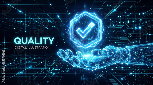 Holographic glowing blue robotic hand presenting a digital quality assurance checkmark icon above circuits
