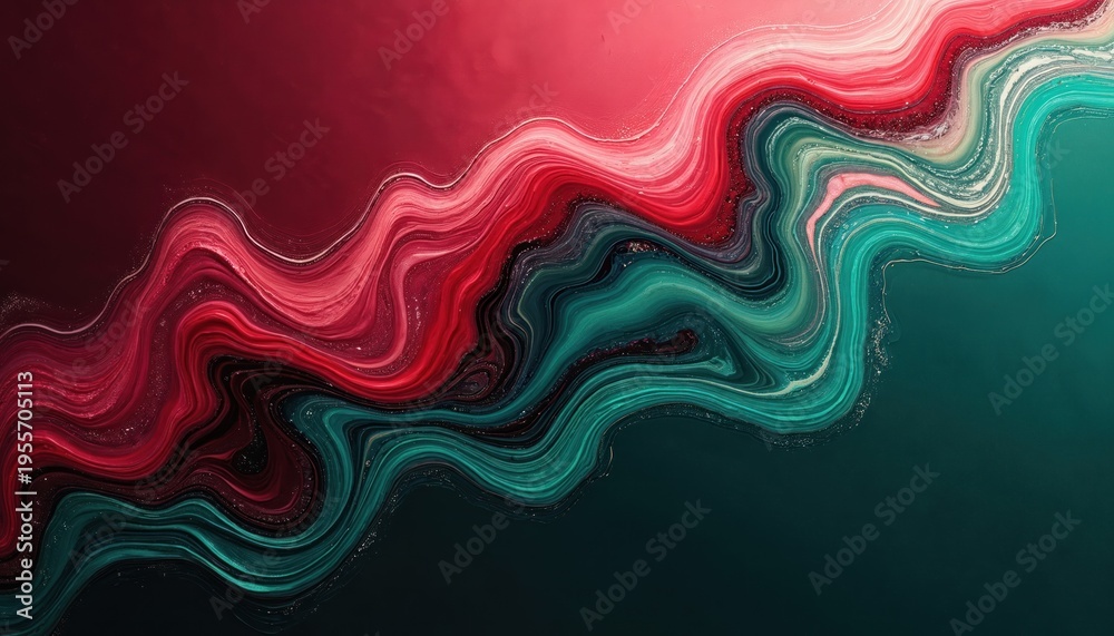 Fototapeta premium Abstract fluid art with swirling crimson, emerald green colors creating dynamic wave patterns. Liquid ink blends on dark backdrop with subtle glittery textures. Smooth motion creates flowing organic