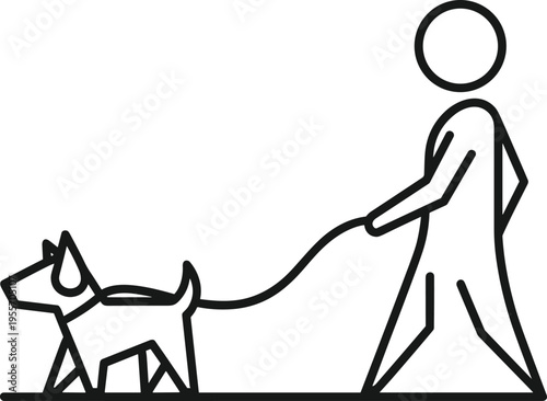 Simple stick figure walking dog on leash, minimal line icon of pet care and daily outdoor activity vector illustration