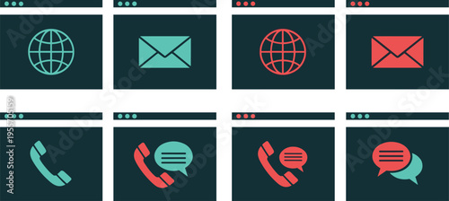 Communication Interface Icon Set with Email, Phone, Chat, and Web Browser Symbols for Digital Messaging, Online Contact, Customer Support, and Network Interaction Design