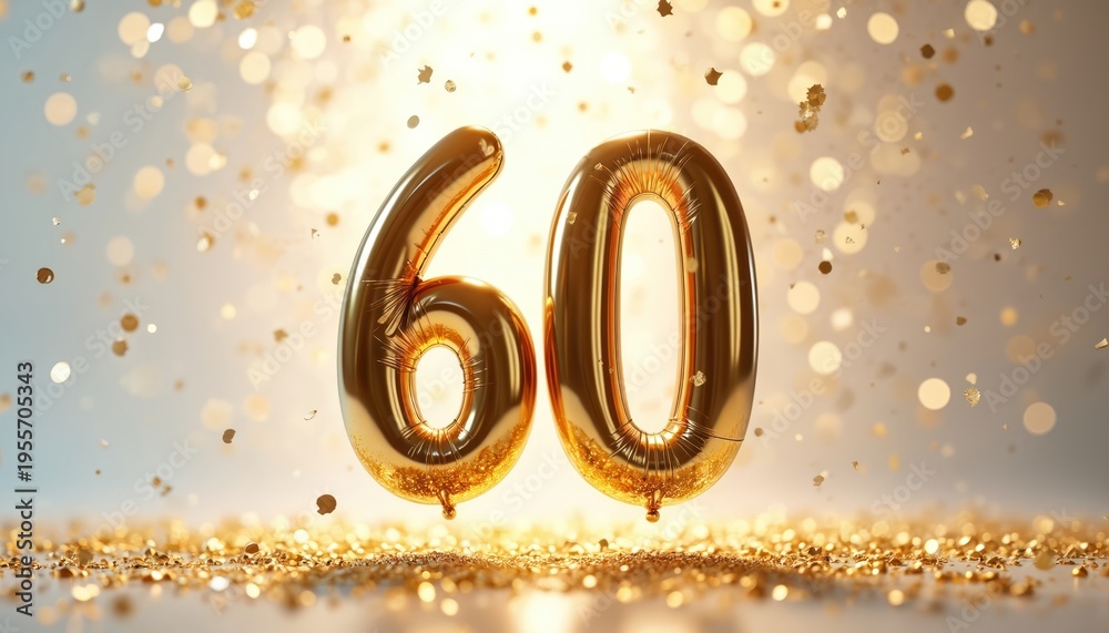 Obraz premium Golden number 60 balloons float in air with golden confetti falling. Celebratory background for anniversary or birthday party. Festive mood with bright sparkles and bokeh lights.
